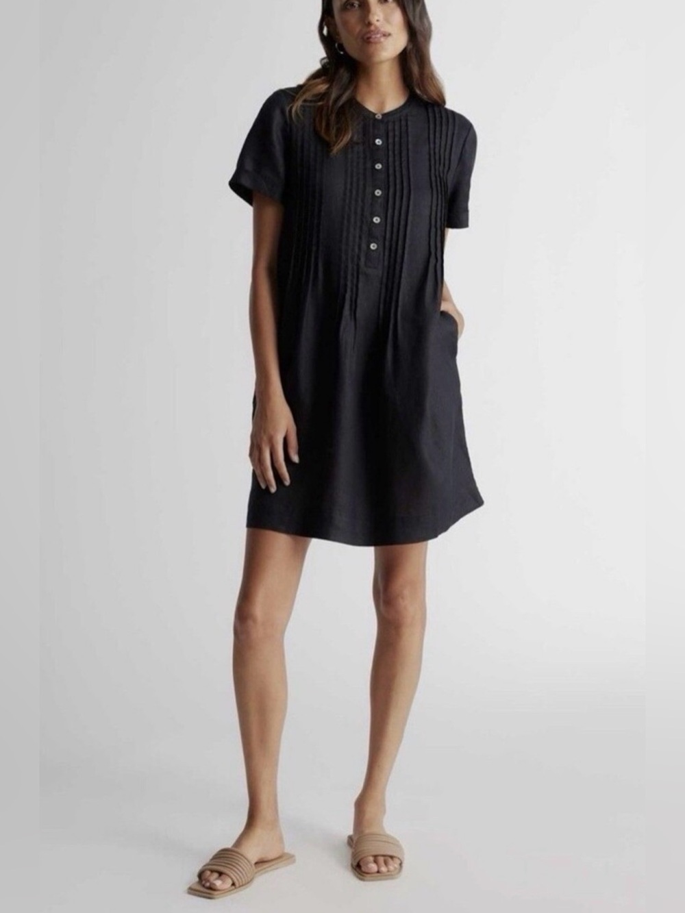 QUINCE 100% European Linen Pintuck Short Sleeve Swing Dress Black Size [Small)